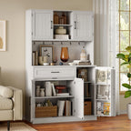71” Tall Kitchen Pantry Cabinet with LED Light & Outlet & Drawer, Pantry Storage Cabinet with Microwave Shelf & 6 Hooks, Kitchen Hutch with Door Shelves & Adjustable Shelves, for Dining Room