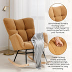 Modern Nursery Rocking Chair, Upholstered Glider Chair with High Backrest, Rocker Accent Armchair with Solid Wood Legs for Nursery Bedroom Living Room (Khaki Teddy)