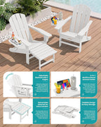 SERWALL Folding Adjustable Adirondack Chairs with Footrest Set of 2, HDPE Outdoor Chair with 4-in-1 Cup Holders, All Weather Adirondack Chair with Ottoman, White