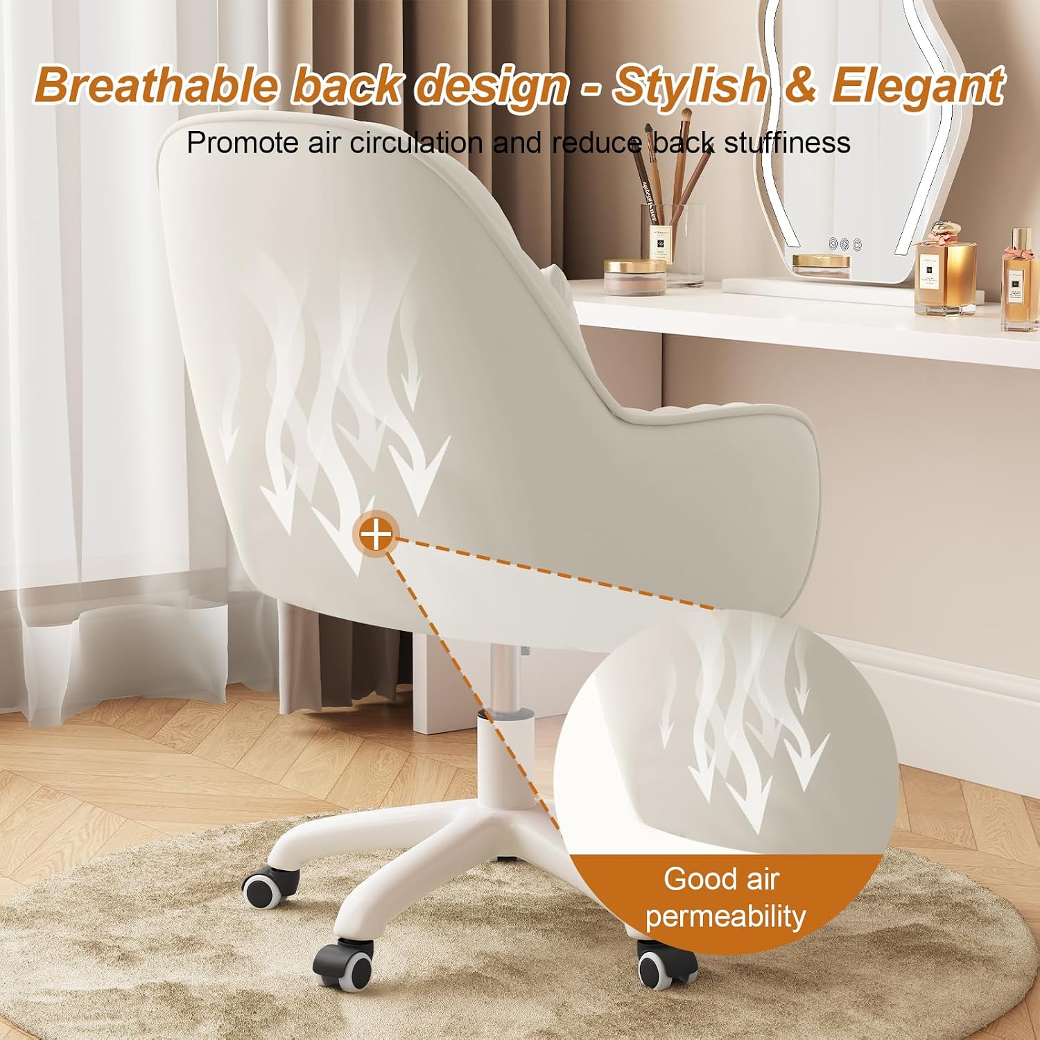 JPBSTO Upholstered Desk Chair with Pillow Swivel Rolling Accent Chair for Women Girls, Adjustable Height Vanity Chair with Wheels for Living Room, Home Office, Cream
