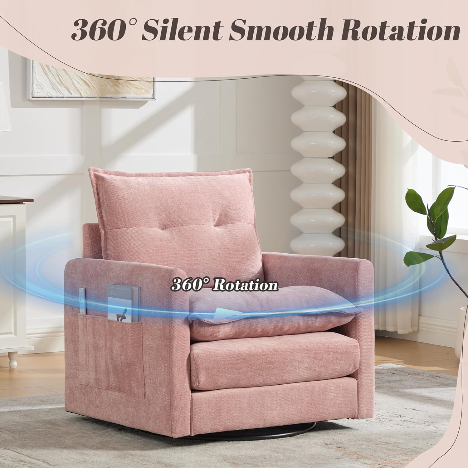 Swivel Accent Chair Set of 2, Modern Swivel Barrel Chair for Living Room, 360 Degree Comfy Square Accent Barrel Chair, Upholstered Sofa Armchair for Bedroom,Reading, Chenille, Pink