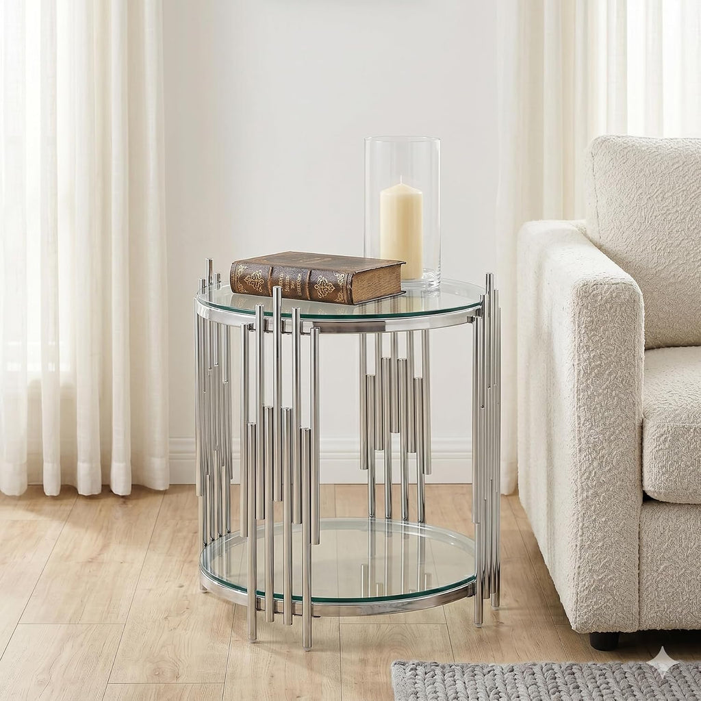 SSLine Round Glass Side Table with Silver Stainless Steel Frame Luxury Circle 2-Tier End Table for Living Room Modern Elegant Bedside Table with Storage Shelves for Home Office
