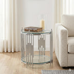 SSLine Round Glass Side Table with Silver Stainless Steel Frame Luxury Circle 2-Tier End Table for Living Room Modern Elegant Bedside Table with Storage Shelves for Home Office