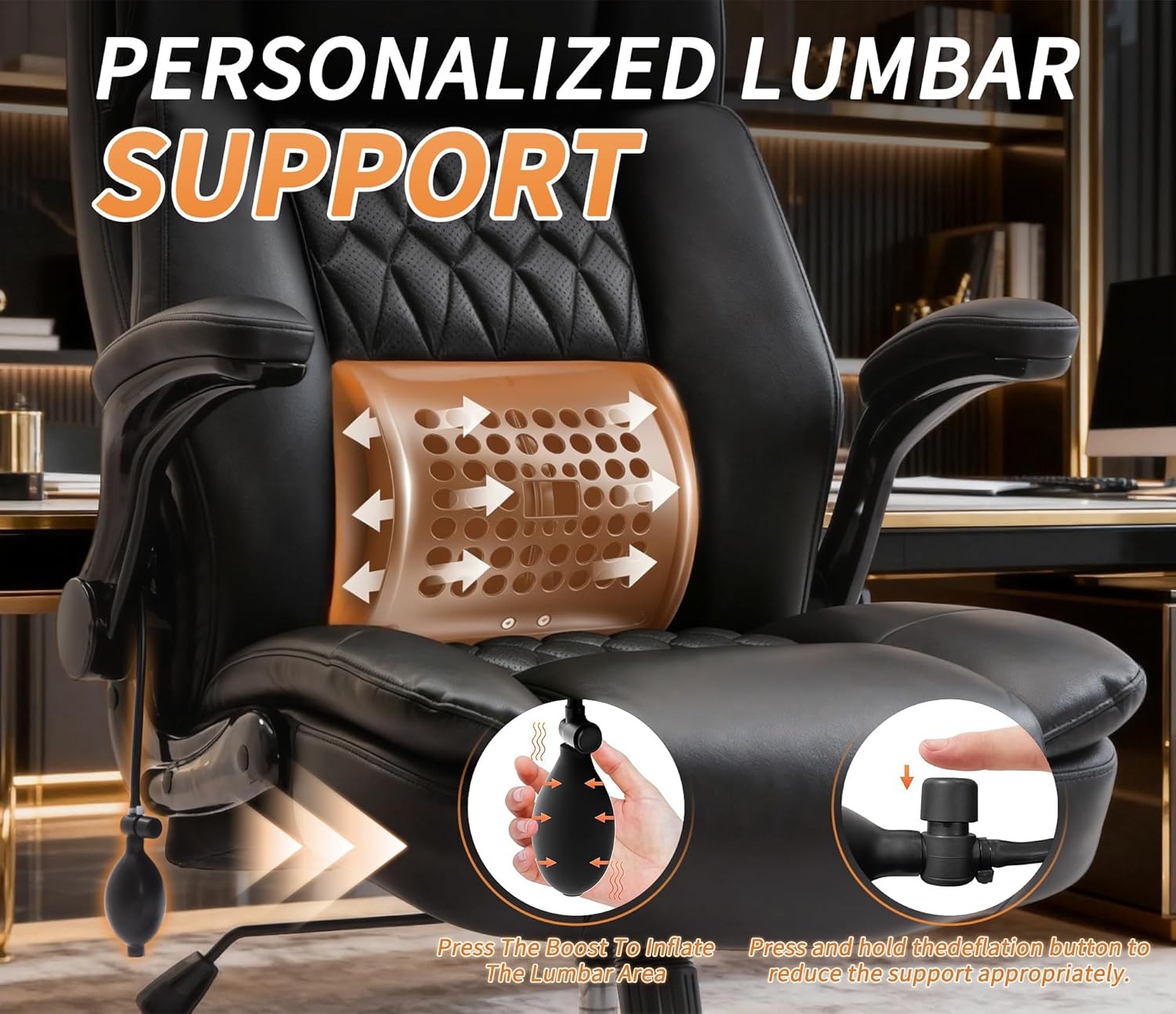 Large High Back Office Chair - Adjustable Lumbar Support, Flip Up Arms, Heavy Duty Metal Base, Breathable Bonded Leather, 2 Storage Bags, Black