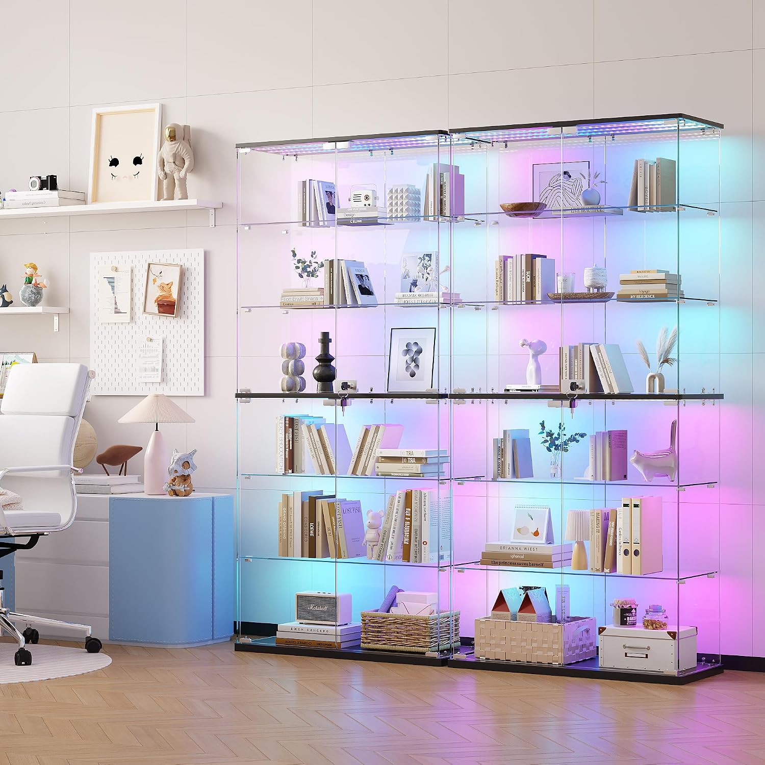 Dystler Display Cabinet with Glass Doors, 70" Tall Clear Curio Cabinet with RGB LED Lights for Collectibles, Figures, Lighted 6-Tier Glass Display Case for Living Room, Black