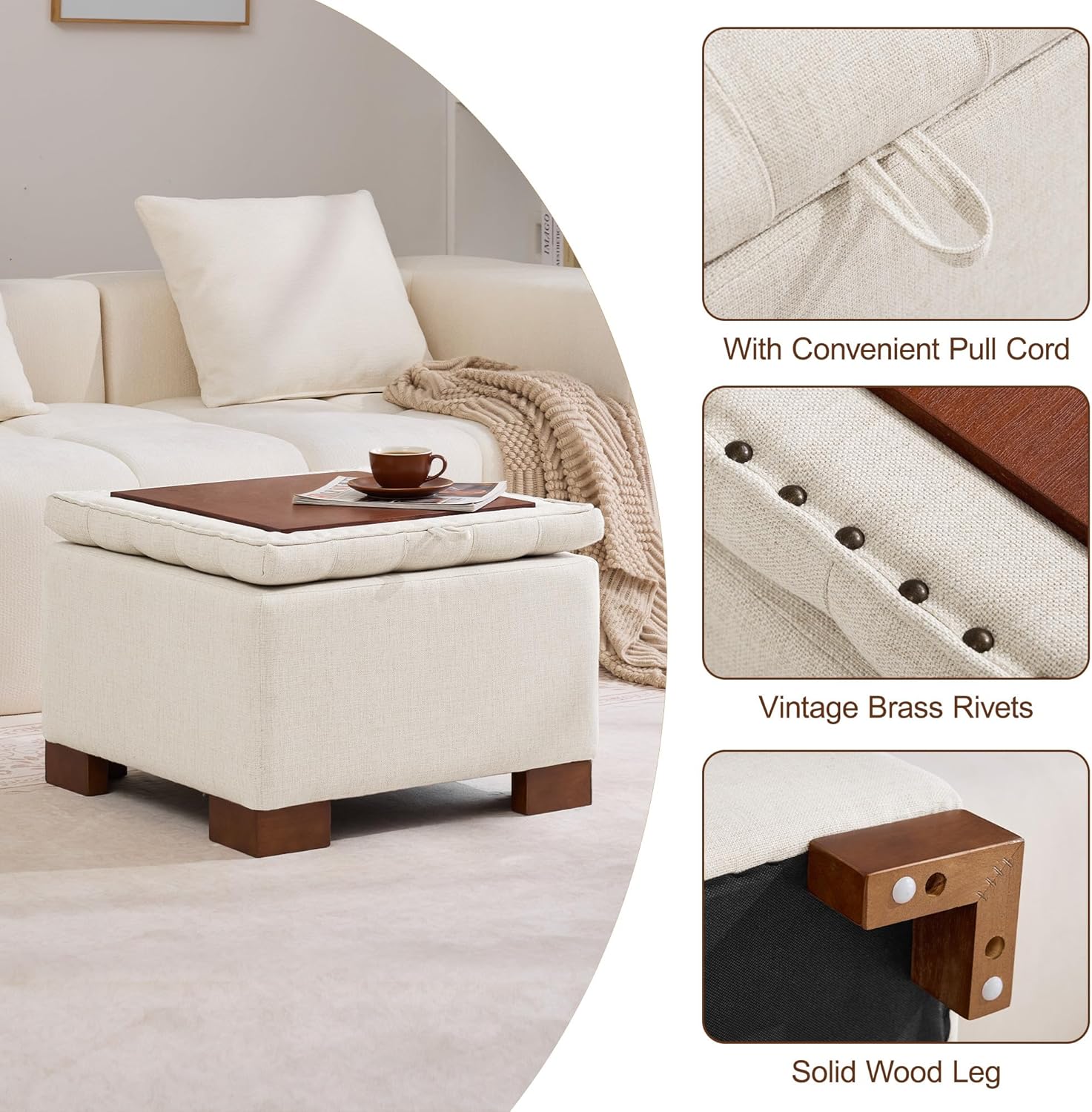 WUTUTUEE 24" Square Fabric Storage Ottoman with Wooden Tray Top, Modern Tufted Button Upholstered Footstool Coffee Table, Multifunctional Small Storage Ottoman for Living Room Bedroom, Beige