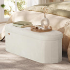 SONGMICS Mazie Collection - Folding Ottoman with Storage, Oval Storage Ottoman Bench, for Living Room, Bedroom, Velvet Fabric, 15 x 43 x 15 Inches, Cream White ULSF297LH01