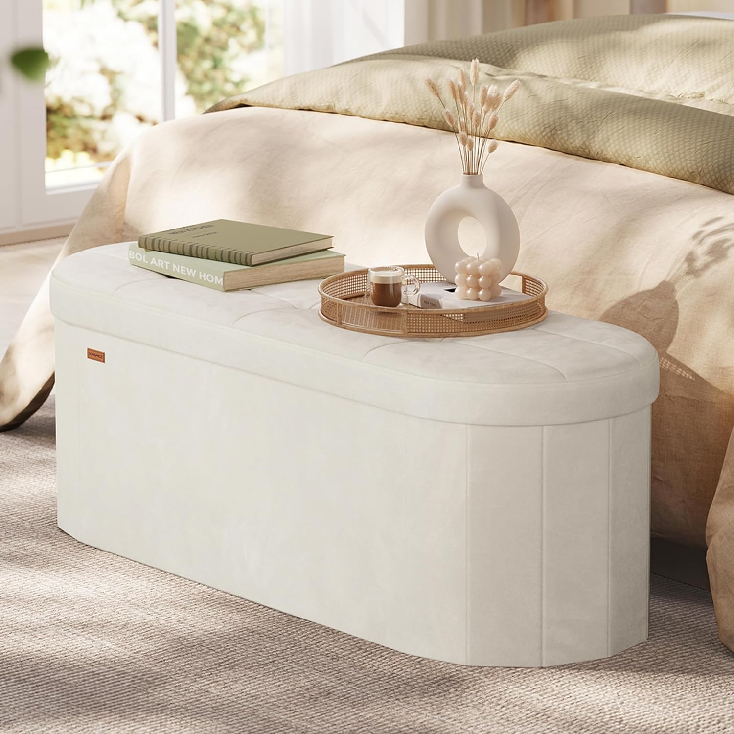 SONGMICS Mazie Collection - Folding Ottoman with Storage, Oval Storage Ottoman Bench, for Living Room, Bedroom, Velvet Fabric, 15 x 43 x 15 Inches, Cream White ULSF297LH01