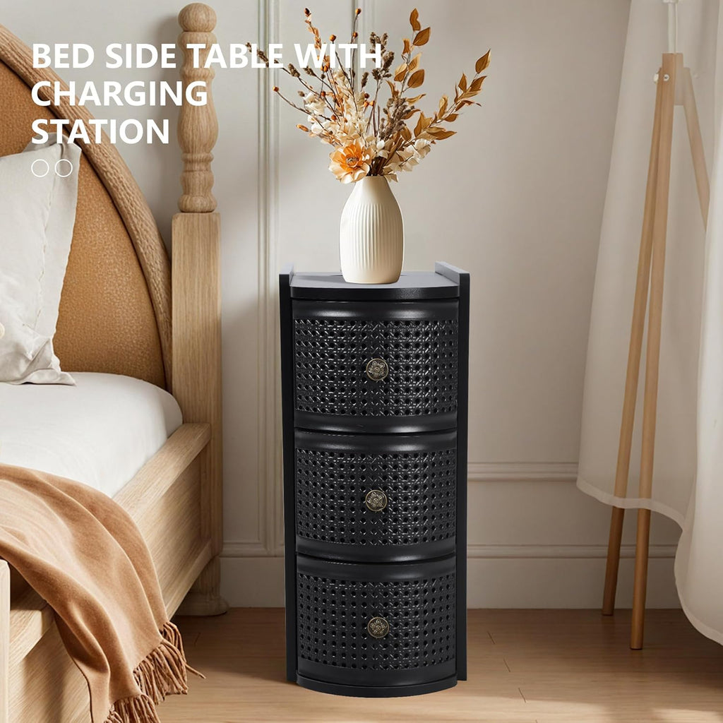 Narrow End Table Set of 2, Metal Rattan Side Table with Storage, Narrow Charging Nightstand with 3 Drawer for Bedroom Bedside, Living Room Couch Sofa, Desk Side Table for Small Spaces - Black