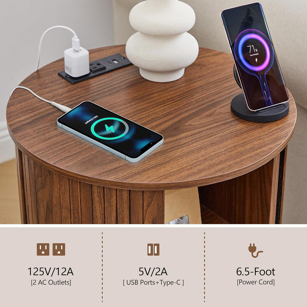 18 Inch Nightstands Set of 2, Fluted Round Wood Nightstand with Charging Station, Small End Table for Living Room, Sliding Door Round Side Table with Storage for Bedrrom (18 inch, Walnut)