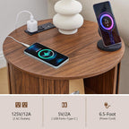 18 Inch Nightstands Set of 2, Fluted Round Wood Nightstand with Charging Station, Small End Table for Living Room, Sliding Door Round Side Table with Storage for Bedrrom (18 inch, Walnut)