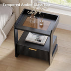 Nightstands Set of 2, Fluted Bedside Tables with Amber Glass Top | Hidden Drawer Storage, Open Display Shelf, Rounded Corner Design, Easy Assembly, Bedroom, Apartment, Guest Room Use