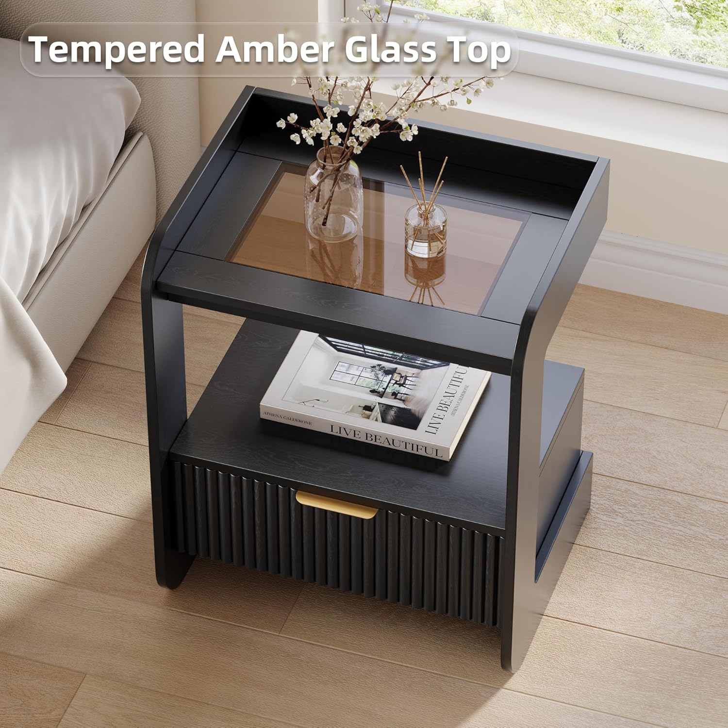 Nightstands Set of 2, Fluted Bedside Tables with Amber Glass Top | Hidden Drawer Storage, Open Display Shelf, Rounded Corner Design, Easy Assembly, Bedroom, Apartment, Guest Room Use