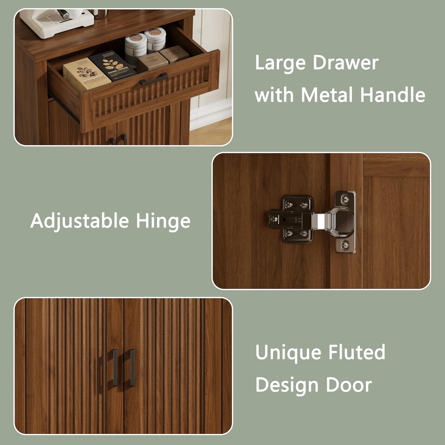 Buffet Cabinet with Storage Drawer, Farmhouse Coffee Bar Table with Storage Drawer and Adjustable Shelf, Small Fluted Sideboard Cabinet for Kitchen, Dining Room, Living Room, Entryway, Modern Walnut