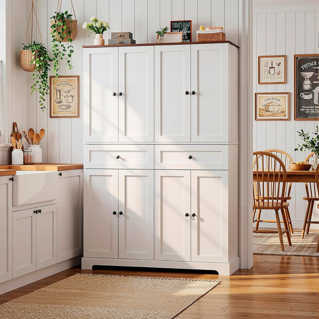 HUAHUU 71" Kitchen Pantry Cabinet with 6 Door Shelves, Tall Pantry Storage Cabinet with 8 Doors & 4 Adjustable Shelves, Modern Kitchen Pantry with 2 Large Drawers for Dining Room, Living Room, White