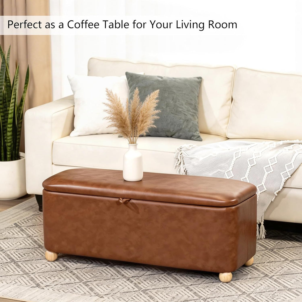 Homebeez 40 inch Storage Ottoman Bench, Faux Leather Upholstered Foot Rest Stool for Bedroom, End of Bed Bench for Living Room, Entryway (Vintage Brown)