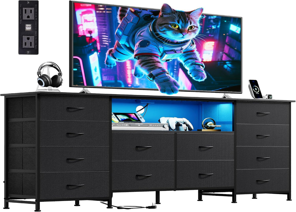 WLIVE 12 Drawer Dresser for Bedroom, Black Dresser TV Stand for 65, 70, 75 inch TV with Led Light & Charging Station, Wide Chest of Drawers with Open Shelves, Fabric Dressers for Closet, Living Room