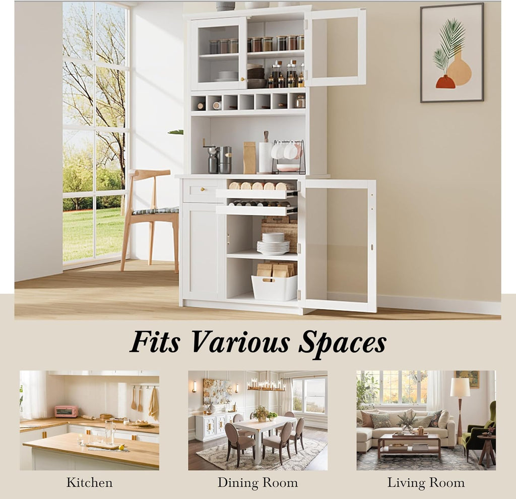 roomfitters Farmhouse Kitchen Pantry Buffet Hutch with Wine Rack and Glass Doors, Tall Storage Cabinet, White