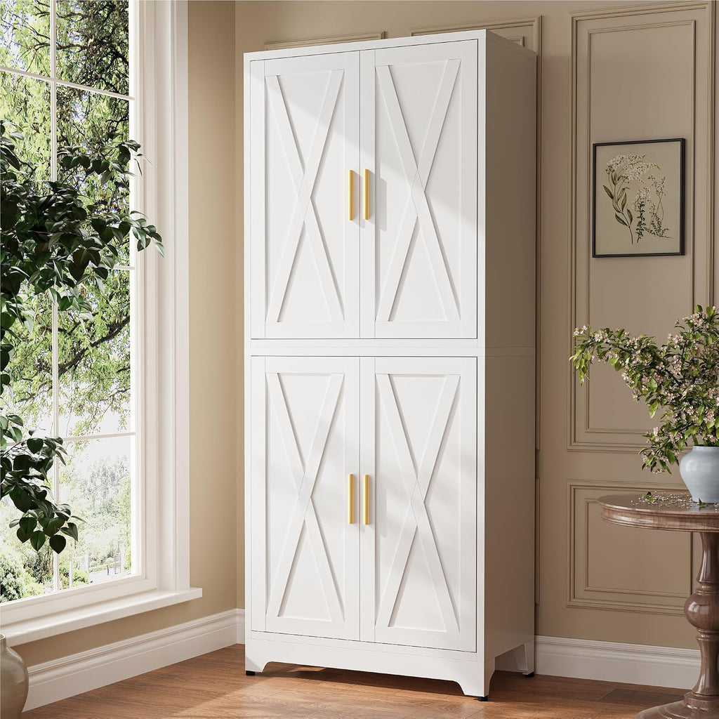 Modular Metal Storage Cabinet,75" White Stackable 2-in-1 Metal Cabinets with 4 Doors & 6 Adjustable Shelves,Freestanding Floor Storage for Kitchen,Home Office Living Room,Dining Room