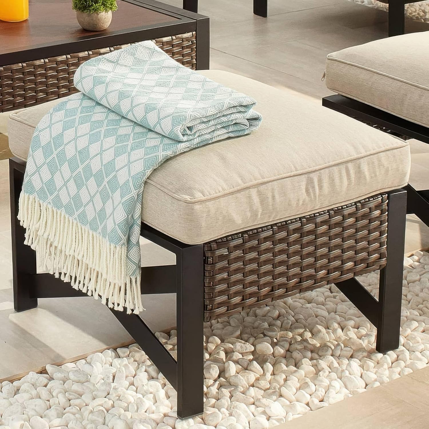 Outdoor Cushioned Ottoman Square Wicker Patio Furniture Ottoman with Beige Cushion Metal Steel Frame