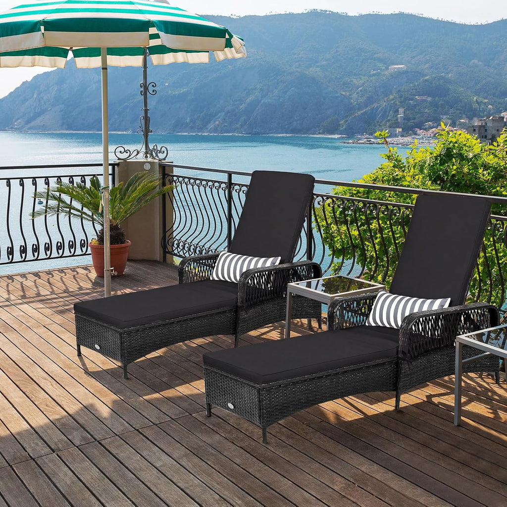 HAPPYGRILL Patio Chaise Lounge, Outdoor Rattan Wicker Recliner Chair with Thick Cushion, Lumbar Pillow, Adjustable Backrest for Garden Porch Lawn Poolside (1)