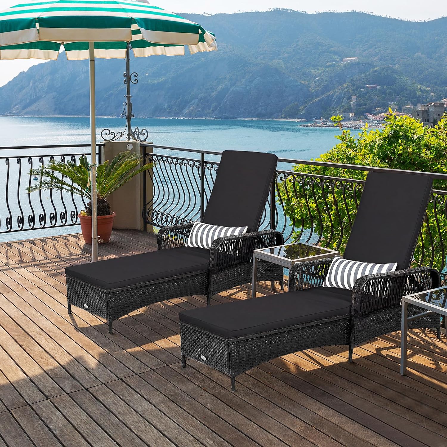 HAPPYGRILL Patio Chaise Lounge, Outdoor Rattan Wicker Recliner Chair with Thick Cushion, Lumbar Pillow, Adjustable Backrest for Garden Porch Lawn Poolside (1)