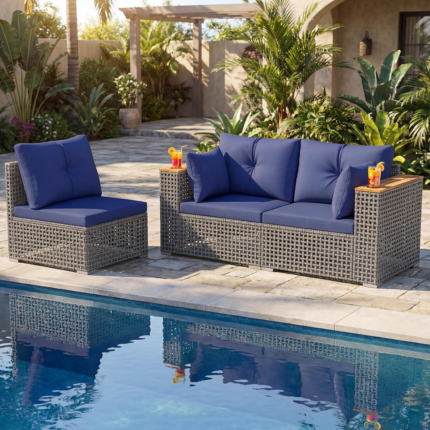 KOTEK 3-Seater Outdoor Couch, 86.5" Large Size Patio Wicker Sofa with Cup Holders & Wood Armrest, Cushions & Pillows, 3 Piece PE Rattan Sectional Furniture Set for Porch, Deck, Backyard (Navy)