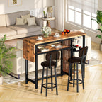 Recaceik Bar Dining Table Set, 59" Expandable Kitchen Counter Height Dining Table Set with Storage Shelves, Cup Holder & Wine Rack, PU Upholstered Stools Bar Table Set with Backrest for Kitchen