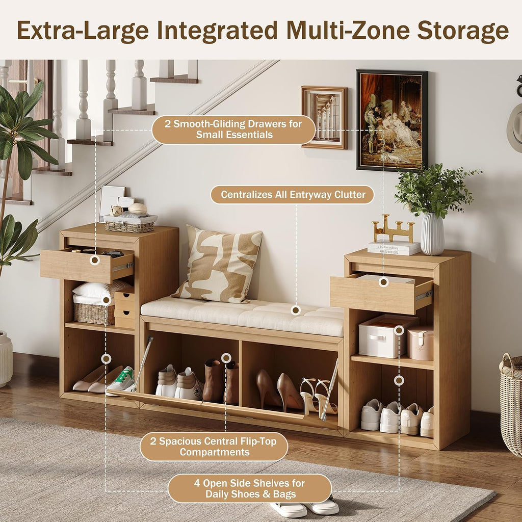 Merax Shoe Storage Bench with Cushion & Flip Compartments, All-in-One Entryway Bench with Drawers and Open Shelves, Solid Wood Storage Bench for Mudroom Hallway Living Room, Rustic Brown