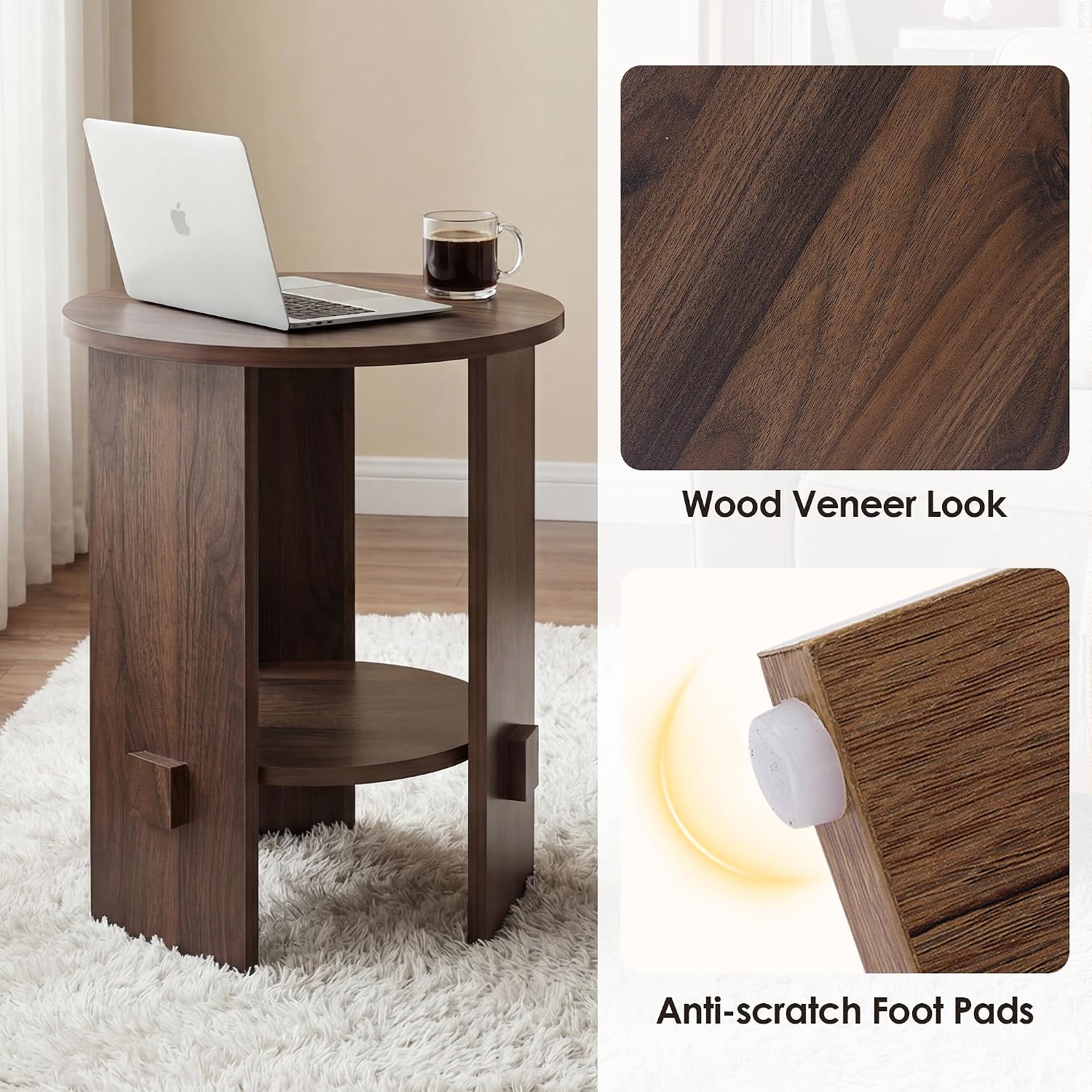 chairus Round Side Table, 15.5" Small End Table with 2-Tier Open Storage, Modern Nightstand for Living Room Bedroom, Compact Accent Furniture for Small Spaces, Walnut