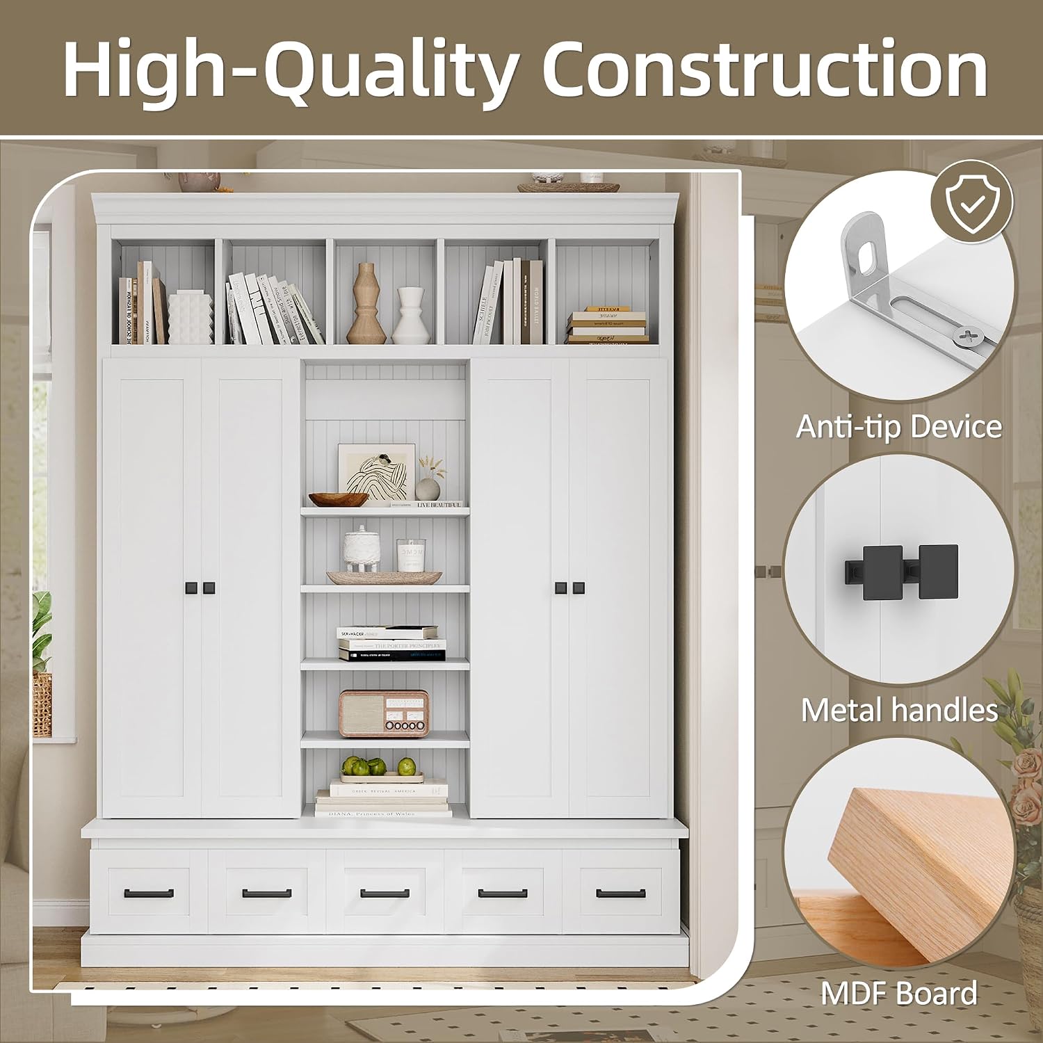 JIVOIT Modern Hall Tree with Bench and 5 Storage Cubbies, 5 Drawers | 78.7''H Hall Tree, Entryway Storage Organizer Cabinet, Adjustable Shelves, 4 Doors, Hallway, Entryway, Living Room