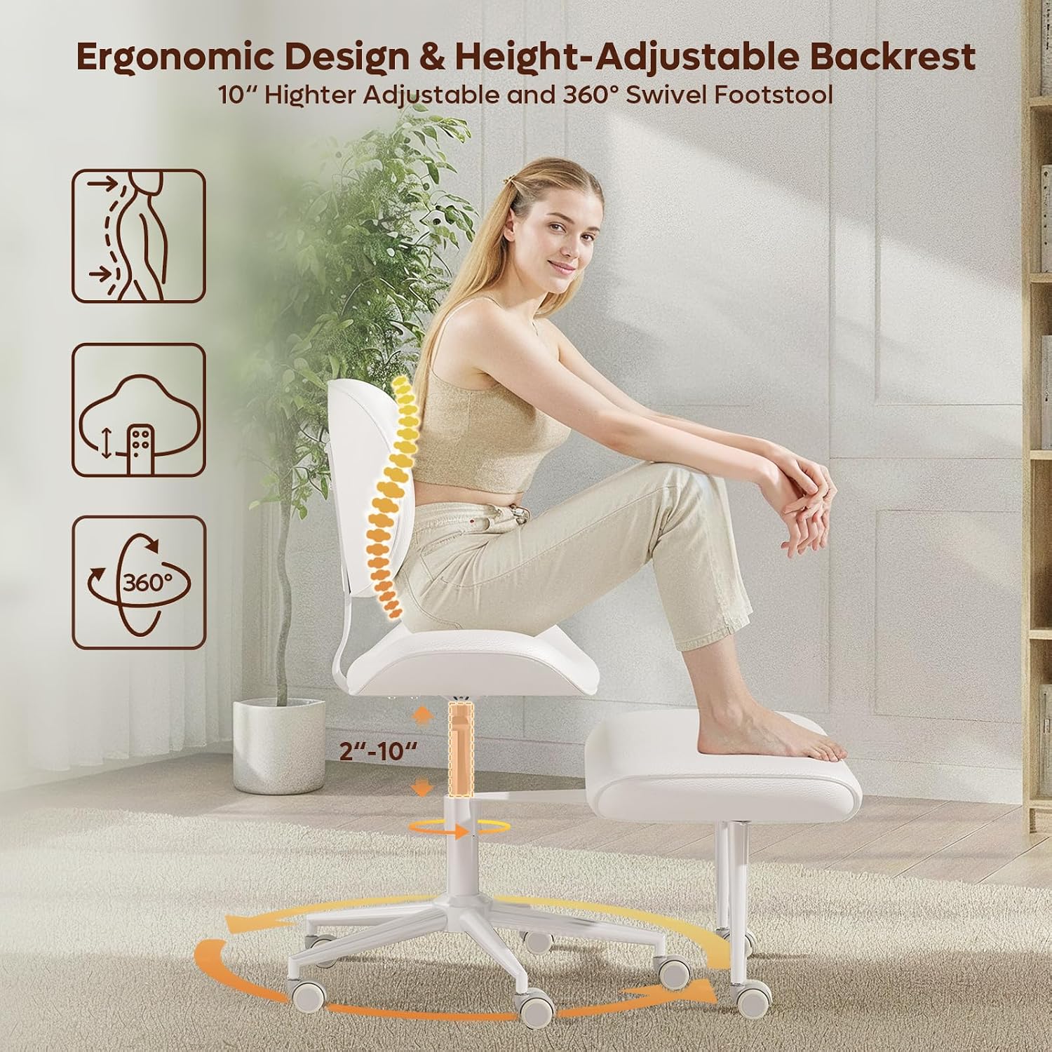 Cross Legged Office Chair with Wheels for ADHD, Ergonomic 360° Swivel Height-Adjustable Meditation Chair for Yoga, Wide Kneeling Chair with Strong Lumbar Support, PU Leather, Off White