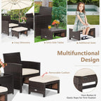 COSTWAY 5PCS Patio Rattan Furniture Set, Cushioned Sofa Chairs with Ottomans and Side Table, Outdoor Wicker Conversation Sets for Deck Backyard Garden Porch, White