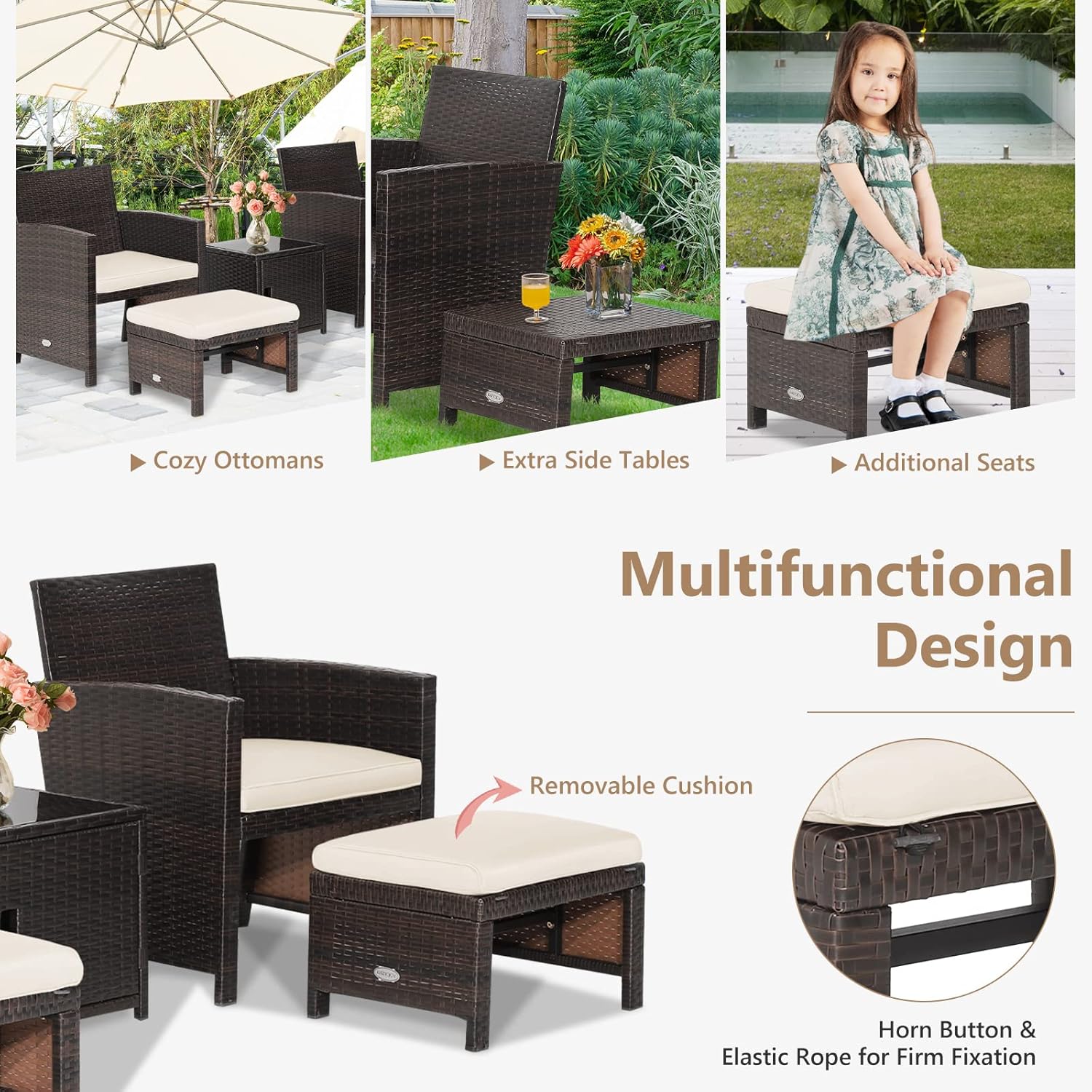 COSTWAY 5PCS Patio Rattan Furniture Set, Cushioned Sofa Chairs with Ottomans and Side Table, Outdoor Wicker Conversation Sets for Deck Backyard Garden Porch, White