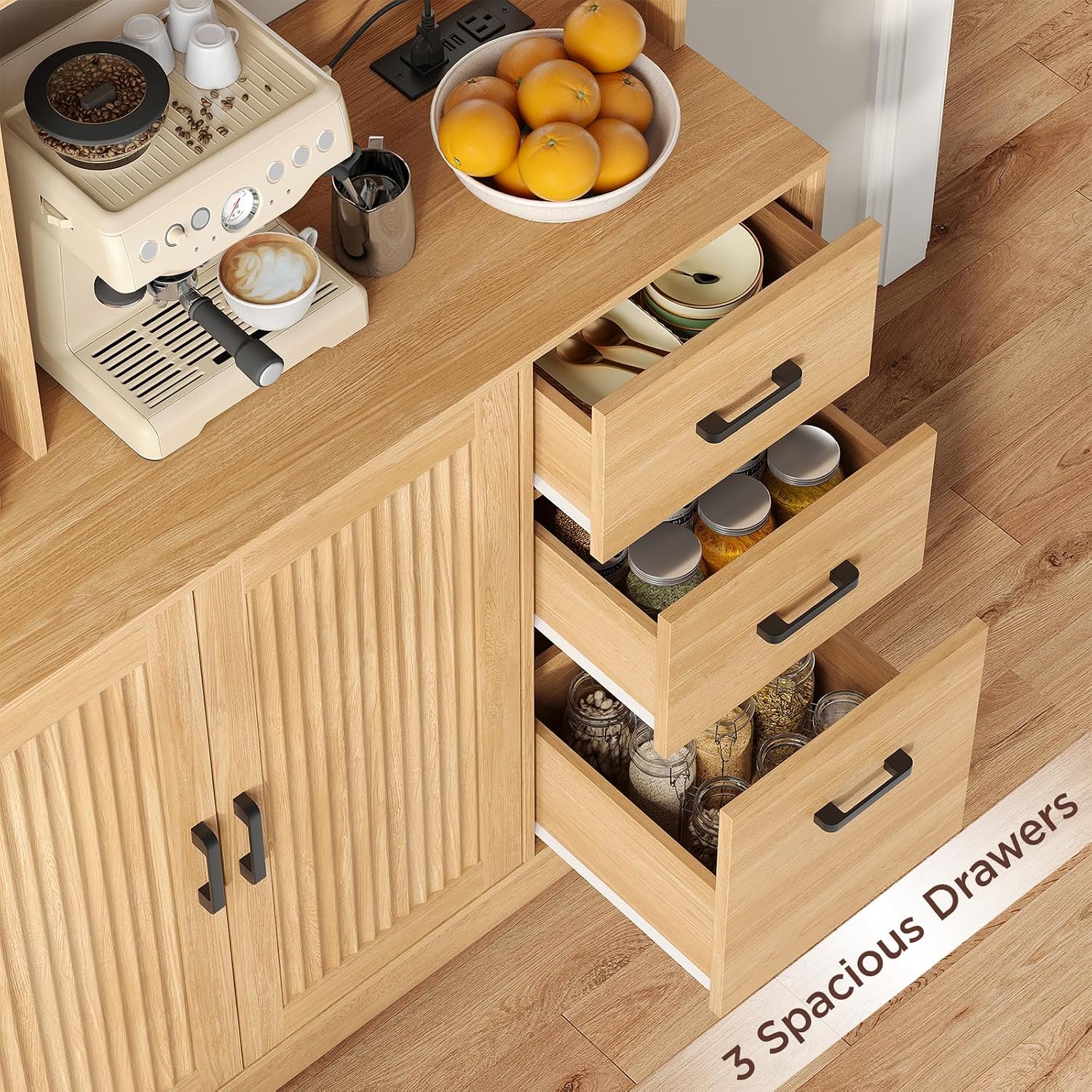 Kitchen Pantry Cabinet with Charging Station, 68" Tall Storage Cabinet with 3 Drawers, 2 Cabinets, Open Shelves, Fluted Doors, Wood Kitchen Hutch with Microwave Stand for Dining Room Living Room