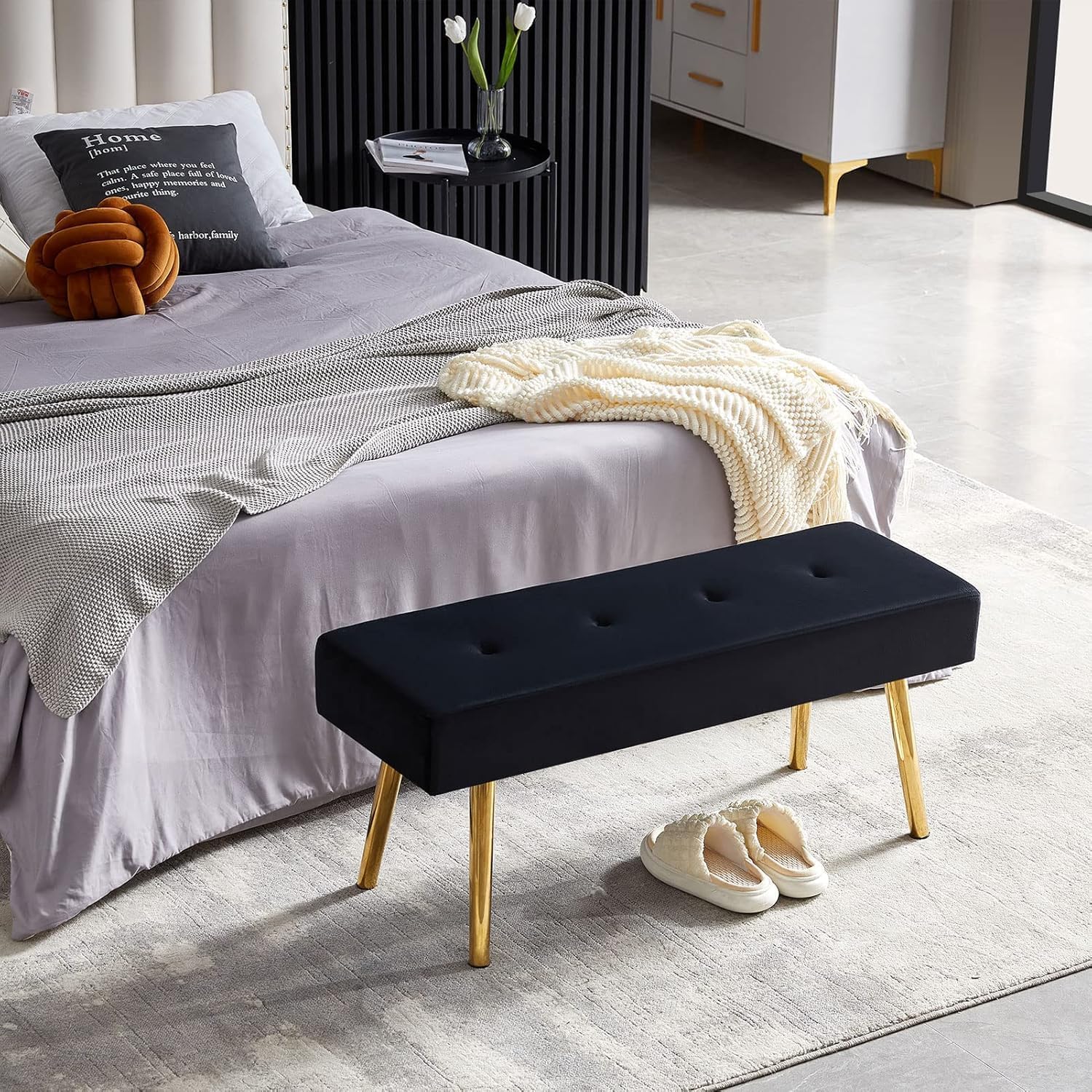Upholstered Bench for Bedroom End of Bed, 40-inch Entryway Bench for Living Room, Dining Bench with Padded Seat and Metal Legs for Kitchen Bedroom,Indoor and Hallway (Black Velvet Bench)