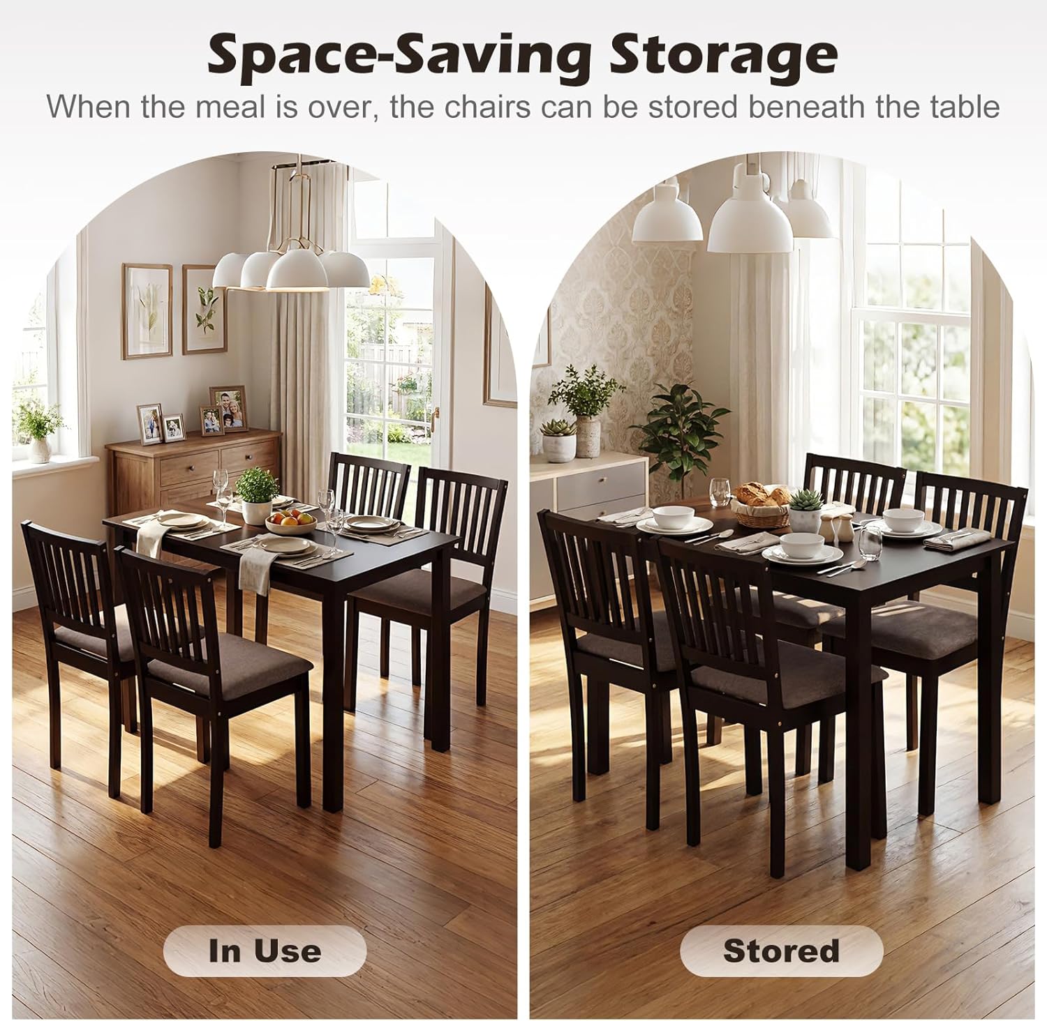 Giantex Dining Table Set for 4, Rectangular Kitchen Table Set w/4 Upholstered Chairs & Solid Rubber Wood Frame, Space-Saving Dinette Set for Small Space, Dining Room, Breakfast Nook