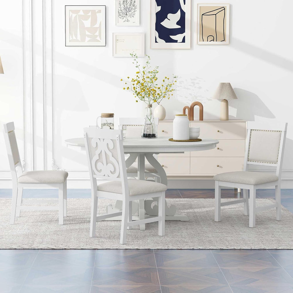 Merax Extendable Round Dining Table Set for 4-6, Farmhouse Kitchen Table Set with 4 Upholstered Chairs and Removable Leaf for Kitchen, Dining Room, Small Space, Antique White