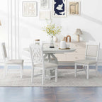Merax Extendable Round Dining Table Set for 4-6, Farmhouse Kitchen Table Set with 4 Upholstered Chairs and Removable Leaf for Kitchen, Dining Room, Small Space, Antique White