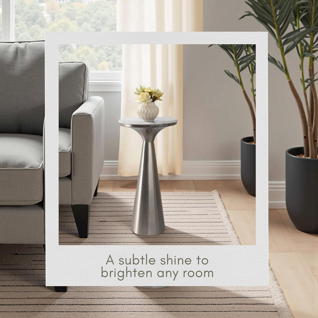 Metal Accent Table with Marble Top - Modern Round Side Table for Living Room and Bedroom - Tapered Base - Indoor Use Only - Marble and Metal Home Decor - Living Room Accent – 22", Silver