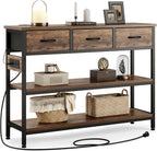 Lulive Entryway Table with Power Outlets, Console Table with 3 Fabric Drawers, Sofa Table for Living Room, Hallway, Couch, Foyer, Height Adjustable (Rustic Brown, 43")