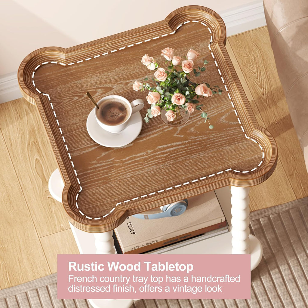 Function Home Square Side Table, 2 Tier Farmhouse End Table with Open Shelf, 17.7" French Country Nightstand for Living Room Bedroom Small Space, Handcraft Natural Tray Top & Vintage White Spindle Leg