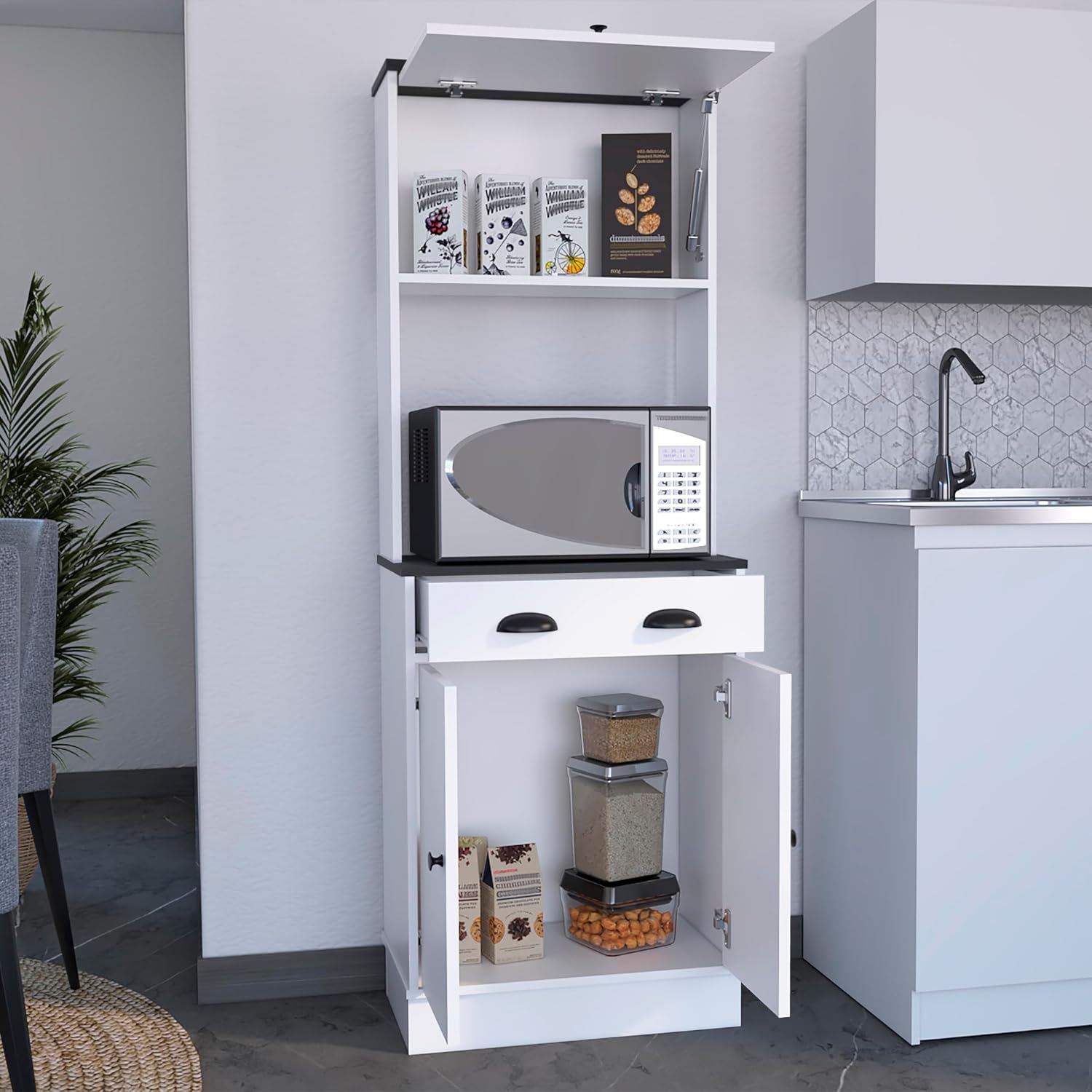 Tampa Kitchen Pantry with Drawer, 2 Cabinets, & Compact Design