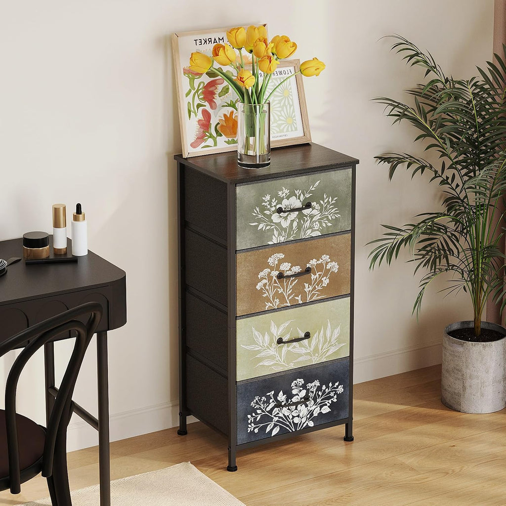 Tohomeor Vintage Floral Narrow 4 Drawers Dresser Nightstand Side Table | Retro Boho Dresser Fabric Drawers for Closet Living Room Bedroom Dorm Convenient Storage Organizer Botanical