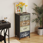 Tohomeor Vintage Floral Narrow 4 Drawers Dresser Nightstand Side Table | Retro Boho Dresser Fabric Drawers for Closet Living Room Bedroom Dorm Convenient Storage Organizer Botanical