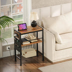 HOOBRO End Table with Charging Station, Small Side Table with Magazine Holder, Nightstand Bedside Table, 3-Tier Storage Shelf for Small Space, Living Room, Bedroom,Rustic Brown and Black BF412UBZ01