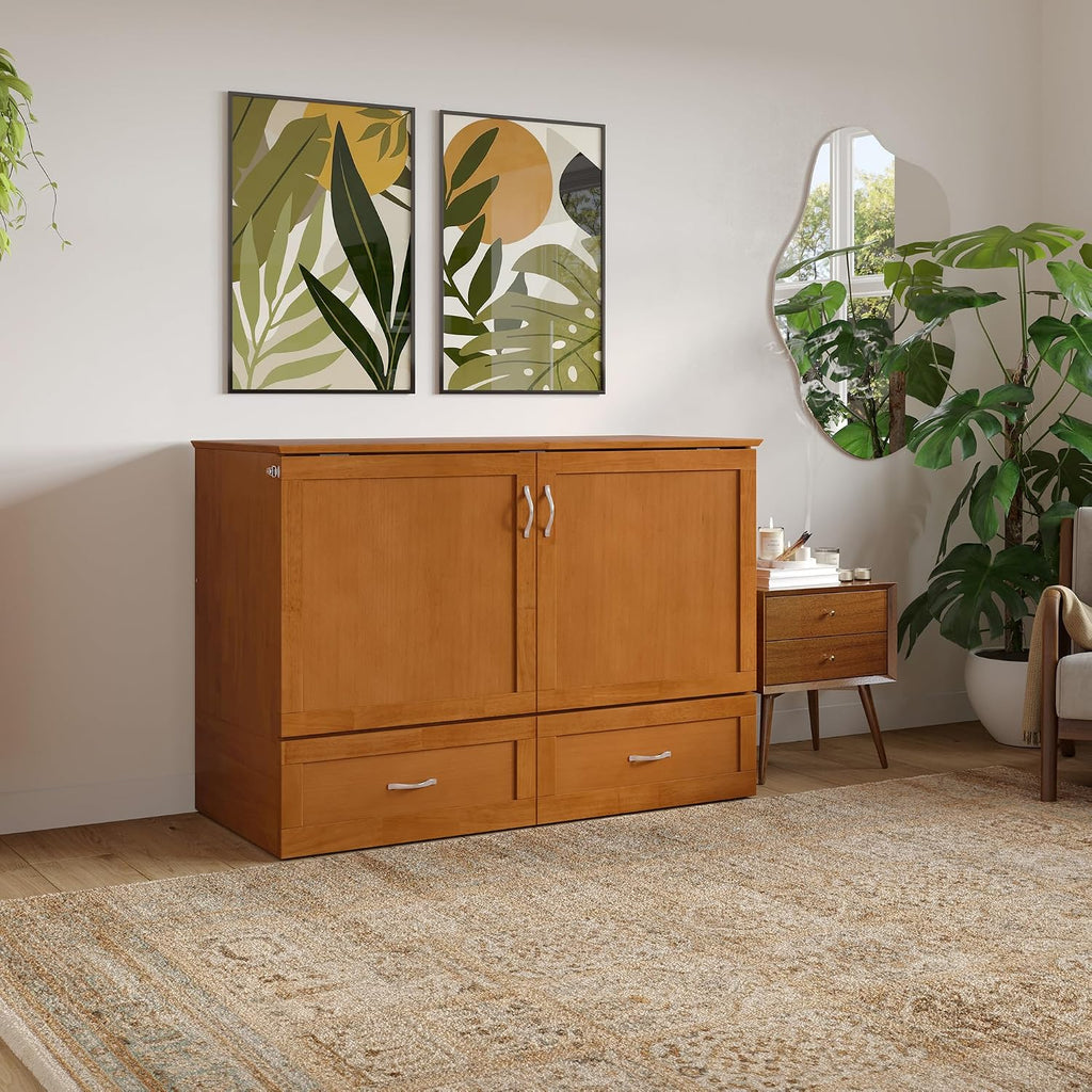 AFI Hamilton Full Murphy Bed Chest with Mattress, Storage, and Built-in Charger in Light Toffee