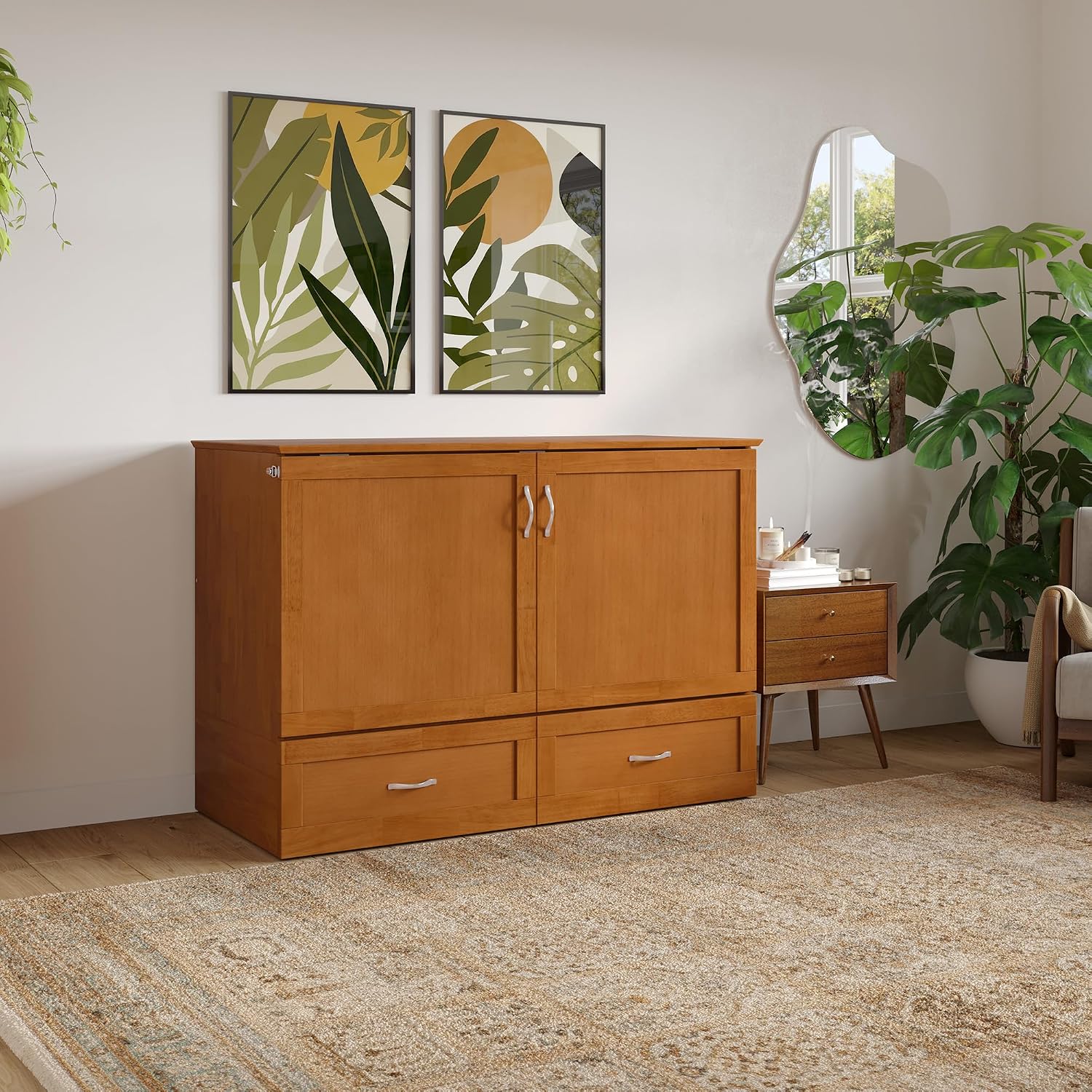 AFI Hamilton Full Murphy Bed Chest with Mattress, Storage, and Built-in Charger in Light Toffee