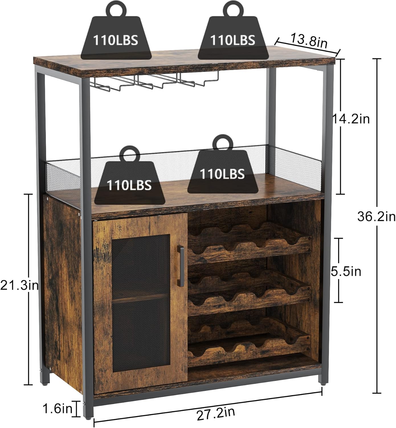 IDEALHOUSE 3-Tier Wine Bar Cabinet with Detachable Wine Rack and Storage Space, Buffet Cabinet with Glass Holder and Mesh Door, for Kitchen, Living Room and Bar (Rustic Brown)