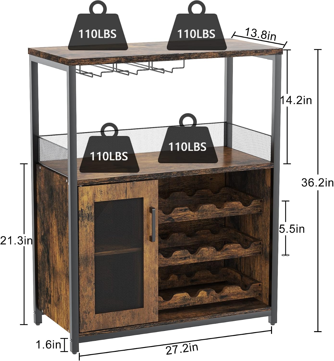 GAOMON Wine Bar Cabinet with Detachable Wine Rack, Wood Bar Cabinet with Storage Space & Glass Holder, Mesh Door, Small Modern Buffet Sideboard for Liquor and Glasses